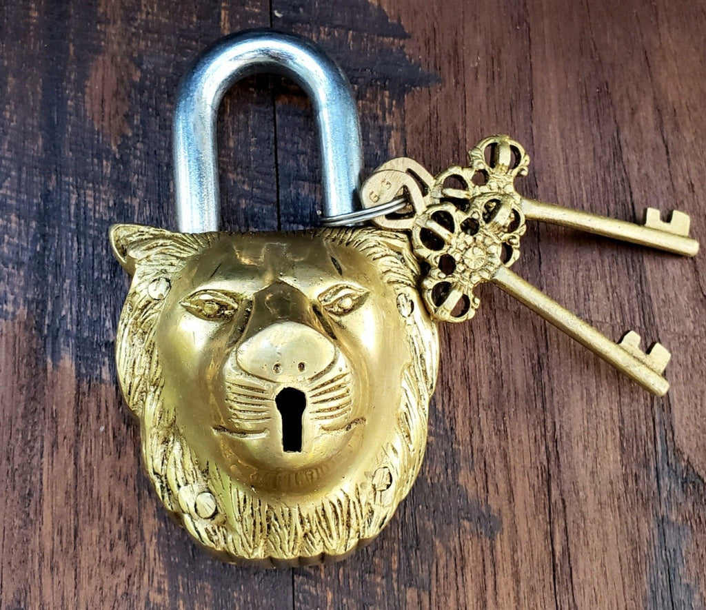 Brass Lion Vintage Functional Padlock with Two Keys, Animal Unique